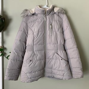 Gray Puffer Jacket with Fur Hood